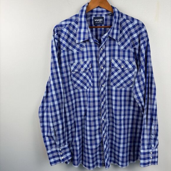 Wrangler western button Long sleeve men’s shirt XXL Blue pearl snap pocket Cuff - Picture 2 of 11
